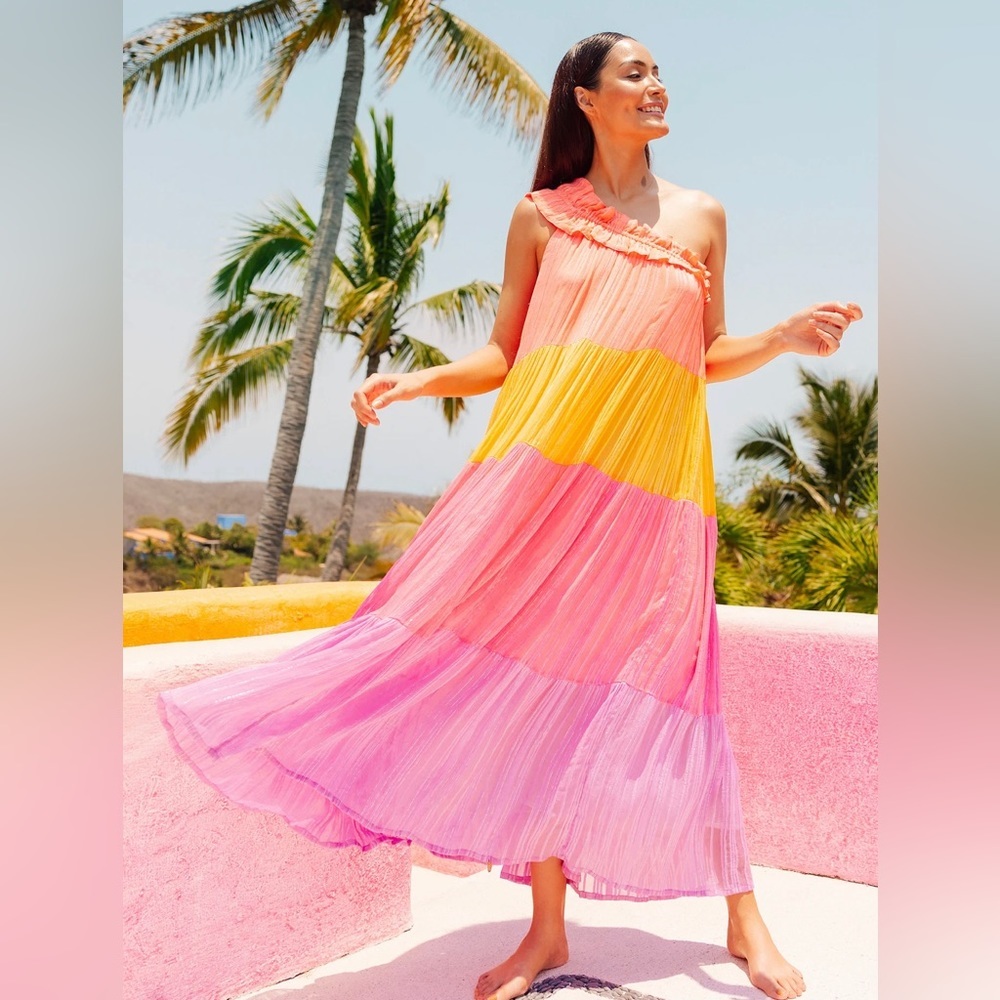 NWT Sundress one shoulder Stevie Palma mix color block maxi midi dress XS/S
